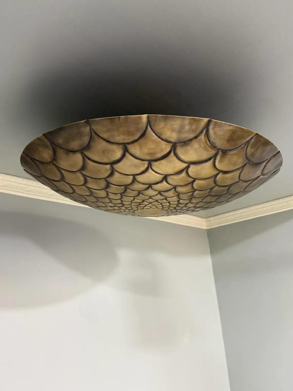 Brass Flush Mount Ceiling Light | Antique Scalloped Fish Scale Style Fixture